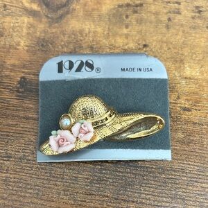 1928 Gold Hat Brooch with Pink Floral Accents